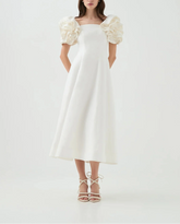 midi fit-and-flare dress with pearl-embellished ruffle sleeves – RH